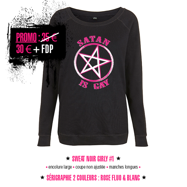 sweat femmes col large noir et rose et blanc Satan Is Gay