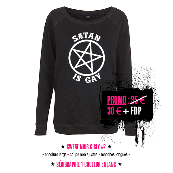 sweat femmes col large noir et blanc Satan Is Gay